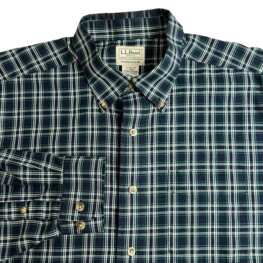 L.L. Bean Mens Large Tall Green Blue Plaid Long Sleeve‎ Button Down Shirt
